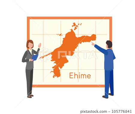 A businessman looking at a map of Ehime Prefecture and talking 105776841