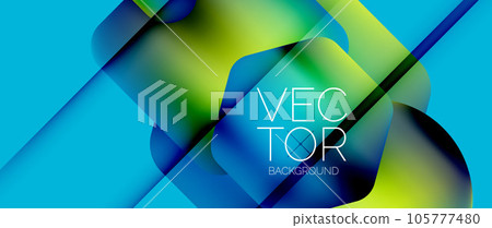 Dynamic bright colorful geometric elements with fluid gradients, lights, shadows blend in a minimal backdrop, creating captivating composition 105777480