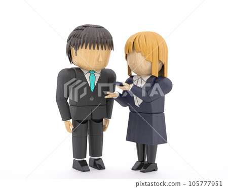 木娃娃風格 3DCG 插圖男女穿著西裝展示智能手機 105777951