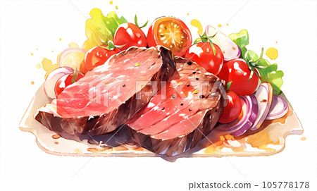 手绘卡通唯美的美食牛排水彩插画 105778178