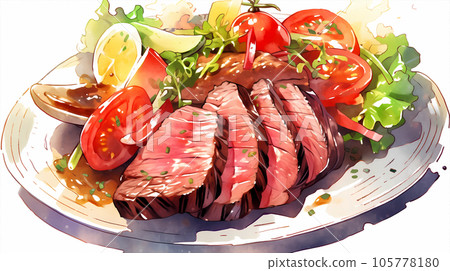 手绘卡通唯美的美食牛排水彩插画 105778180
