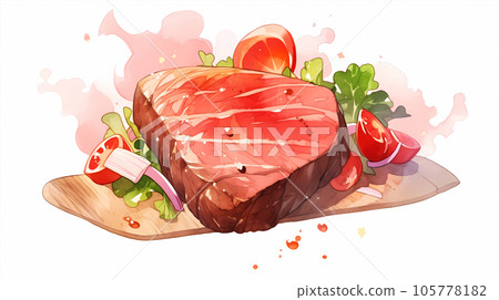 手绘卡通唯美的美食牛排水彩插画 105778182