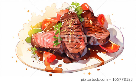 手绘卡通唯美的美食牛排水彩插画 105778183