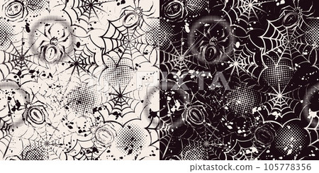 Grunge pattern with spiders, spiderweb, halftone Grunge pattern with spiders, spiderweb, halftone 105778356