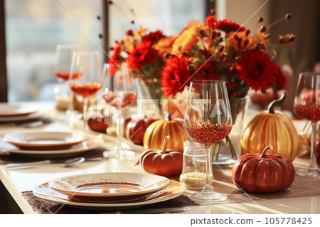 Autumn table setting with pumpkins and flowers... - Stock Illustration ...