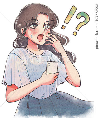Girl cartoon style, illustration of an older sister holding a smartphone and making a noise 105778908