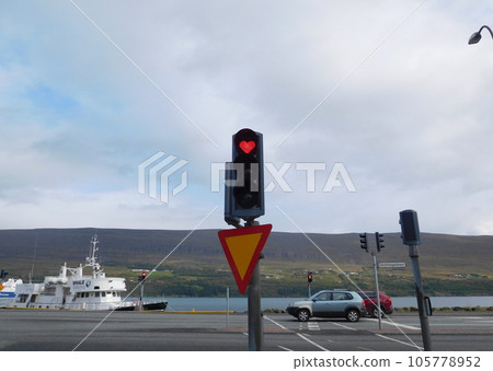 Iceland summer Akureyri pedestrian traffic light heart mark Iceland summer Akureyri pedestrian traffic light heart mark 105778952