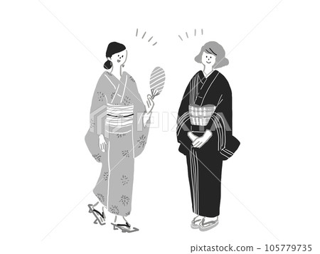 身穿夏季和服（浴衣）、手持扇子、穿著木屐的女士，以及穿著黑色和服和涼鞋（單色）的女士 105779735