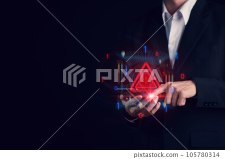 System hacked warning alert on smartphone. Cyber attack on computer network, Virus, Spyware, Malware or Malicious software. Cyber security and cybercrime. Compromised information internet. 105780314