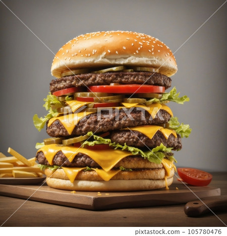 Craft beef burger and french fries on wooden table. 105780476