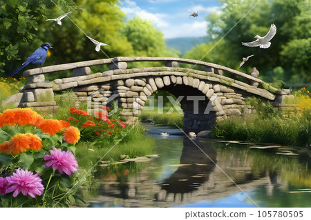 a stone bridge bucolic landscape flowers and birds realistic photo a stone bridge bucolic landscape flowers and birds realistic photo 105780505