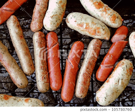 Variety Sausages and Wieners Grilled on Barbecue Grill 105780760