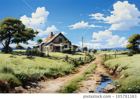 Lonely country house in a meadow by a dirt road. Illustration of a rural scene 105781163
