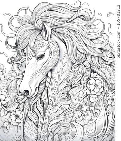 Horse and Flowers. Coloring page for the adult coloring book. Horse and Flowers. Coloring page for the adult coloring book. 105781212