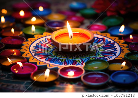 Happy Diwali. Clay Diya lamps during Diwali celebration, Hindu festival of lights celebration. 105781218