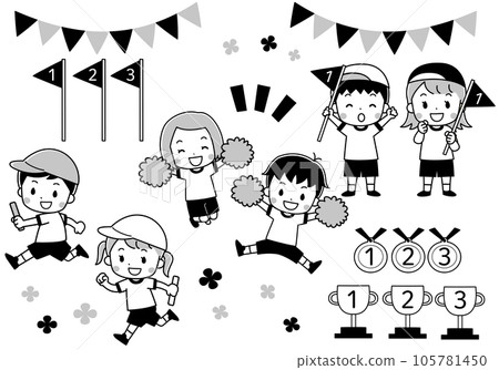 Illustration set of children enjoying a sports day line drawing 105781450
