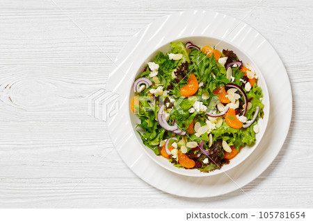 Mandarin Orange Salad in white bowl, top view Mandarin Orange Salad in white bowl, top view 105781654