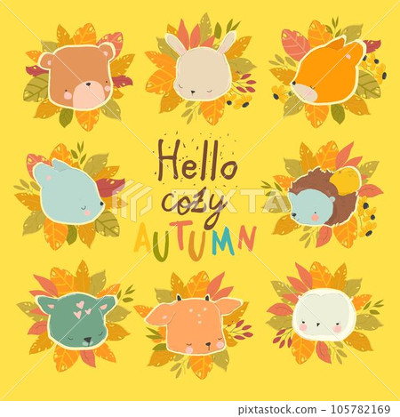 Cartoon Autumn Set with Woodland Animals and Wreath Cartoon Autumn Set with Woodland Animals and Wreath 105782169