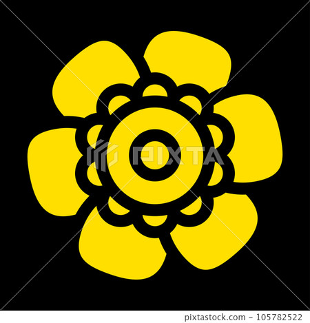 Golden Single Isolated Flat Vector Flower on Black Background. Golden Single Isolated Flat Vector Flower on Black Background. 105782522