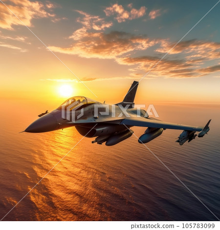 F-16 air force fighter flying over the ocean, beautiful sunset over horizon on the background. Jet military aircraft patrols territory, makes a training flight. Close up aerial view. 3D rendering. F-16 air force fighter flying over the ocean, beautiful sunset over horizon on the background. Jet military aircraft patrols territory, makes a training flight. Close up aerial view. 3D rendering. 105783099