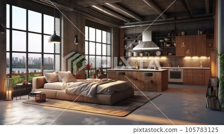 Luxury loft style studio apartment with a free layout in dark colors. Stylish modern kitchen with island, cozy bedroom area, floor-to-ceiling windows with stunning city view. 3D rendering. 105783125