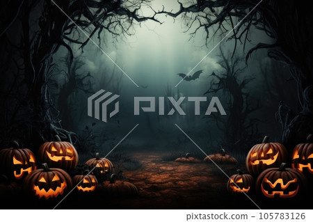 spooky Halloween forest with scary black trees and pumpkins on the ground, generative ai 105783126