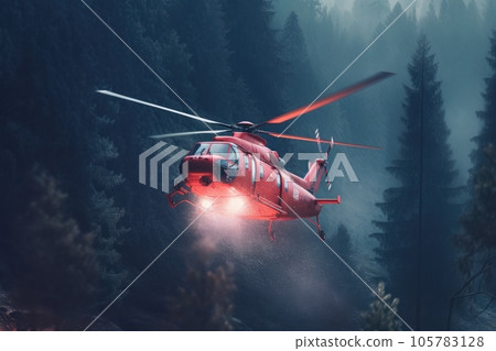 Red rescue helicopter extinguishes a forest fire by dropping a large amount of water on a burning coniferous forest. Saving forests, fighting forest fires. Aerial low angle view. 3D rendering. 105783128
