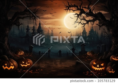 spooky Halloween forest with scary black trees and pumpkins on the ground, generative ai 105783129