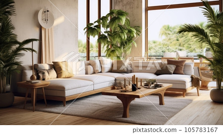 Cozy elegant boho style living room interior in natural colors. Comfortable corner couch with cushions, many houseplants, wooden coffee table, rug on wooden floor, home decor. 3D rendering. 105783167