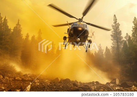 Rescue helicopter extinguishes a forest fire by dropping a large amount of water on a burning coniferous forest. Saving forests, fighting forest fires. Low angle view from the ground. 3D rendering. Rescue helicopter extinguishes a forest fire by dropping a large amount of water on a burning coniferous forest. Saving forests, fighting forest fires. Low angle view from the ground. 3D rendering. 105783180