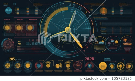 Graphic image of wind generator and detailed colored diagram of energy production and use. Sustainable wind energy process. Virtual data technology. Green energy production. Mockup, illustration. 105783185