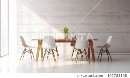 Minimalist composition of loft style dining room interior. Gray concrete walls and floor, wooden table, design chairs, houseplant in a vase, table decor, panoramic windows. Mockup, 3D rendering. Minimalist composition of loft style dining room interior. Gray concrete walls and floor, wooden table, design chairs, houseplant in a vase, table decor, panoramic windows. Mockup, 3D rendering. 105783198