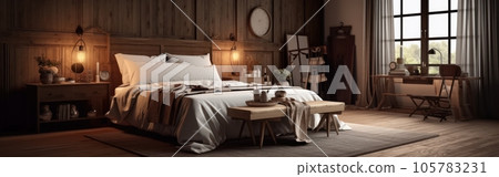Panoramic image of a country style wooden bedroom in a luxury cottage or hotel. Comfortable large bed, bedside tables, chairs, panoramic windows. Home decor, cozy interior. 3D rendering. 105783231