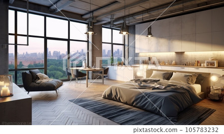 Luxury loft style studio apartment with a free layout in dark colors. Stylish modern kitchen, cozy bedroom area and living area, floor-to-ceiling window with stunning city view. 3D rendering. 105783232