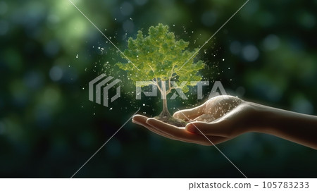 Symbolic magic green tree in human hands on blurred background. Respect for nature, sustainable energy, care for the environment, ecological development. Earth Day concept. Copy space. 3D rendering. Symbolic magic green tree in human hands on blurred background. Respect for nature, sustainable energy, care for the environment, ecological development. Earth Day concept. Copy space. 3D rendering. 105783233