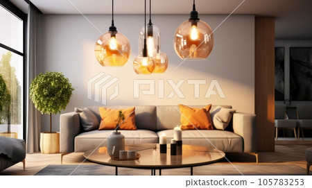 Several glass globe-shaped pendant lights with Edison lamps above a sofa in a cozy living room. Elegant modern interior design with an emphasis on lighting. Mockup, 3D rendering. 105783253