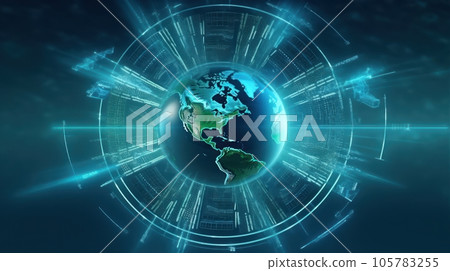 Graphic image of planet Earth on the background of energy production and use diagram. Sustainable wind energy process. Virtual data technology. Green energy production. Mockup, illustration. Graphic image of planet Earth on the background of energy production and use diagram. Sustainable wind energy process. Virtual data technology. Green energy production. Mockup, illustration. 105783255