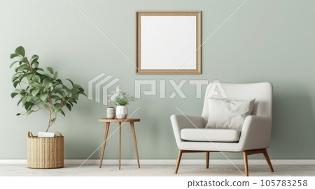 Front view of a modern living room in green tones. Green wall with poster template, comfortable armchair with cushion, coffee table, green plant in a pot, home decor. Mockup, 3D rendering. Front view of a modern living room in green tones. Green wall with poster template, comfortable armchair with cushion, coffee table, green plant in a pot, home decor. Mockup, 3D rendering. 105783258
