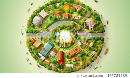 Sketchy 3D image, symbolizing the circular nature and interrelation of economic development. Habitation, energy, industry, science, recreation, transportation, recycling. Mockup, green background. 105783289