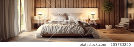 Panoramic image of a country style wooden bedroom in a luxury cottage or hotel. Comfortable large bed, bedside tables, armchair, panoramic windows. Home decor, cozy interior. 3D rendering. Panoramic image of a country style wooden bedroom in a luxury cottage or hotel. Comfortable large bed, bedside tables, armchair, panoramic windows. Home decor, cozy interior. 3D rendering. 105783290