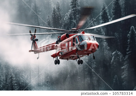 Red rescue helicopter extinguishes a forest fire by dropping a large amount of water on a burning coniferous forest. Saving forests, fighting forest fires. Aerial low angle view. 3D rendering. Red rescue helicopter extinguishes a forest fire by dropping a large amount of water on a burning coniferous forest. Saving forests, fighting forest fires. Aerial low angle view. 3D rendering. 105783314