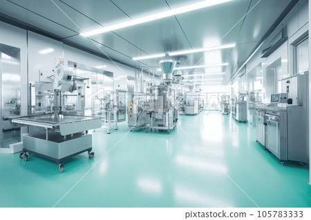 Contemporary drug production workshop interior. Spacy bright sterile room, facility with modern industrial machinery. Manufacturing process: pharmaceutics, semiconductors, biotechnology. 3D rendering. Contemporary drug production workshop interior. Spacy bright sterile room, facility with modern industrial machinery. Manufacturing process: pharmaceutics, semiconductors, biotechnology. 3D rendering. 105783333