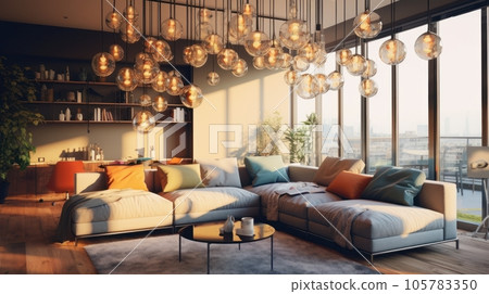 Several glass globe-shaped pendant lights with Edison lamps above a sofa in a cozy living room. Elegant modern interior design with an emphasis on lighting. Mockup, 3D rendering. 105783350