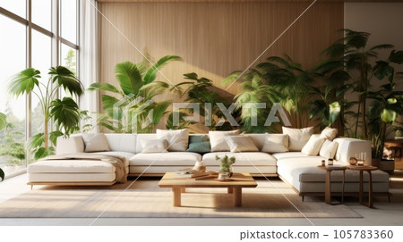 Cozy elegant boho style living room interior in natural colors. Comfortable corner couch with cushions, many houseplants, wooden coffee table, rug on the floor, home decor. 3D rendering. 105783360