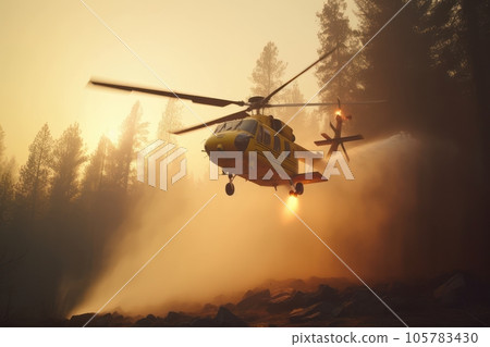 Rescue helicopter extinguishes a forest fire by dropping a large amount of water on a burning coniferous forest. Saving forests, fighting forest fires. Low angle view from the ground. 3D rendering. Rescue helicopter extinguishes a forest fire by dropping a large amount of water on a burning coniferous forest. Saving forests, fighting forest fires. Low angle view from the ground. 3D rendering. 105783430
