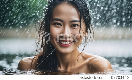 Portrait of beautiful erotic smiling wet asian woman in the water in the rain. Generative AI 105783440