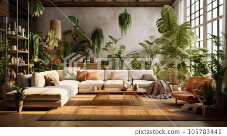 Cozy elegant boho style living room interior in natural colors. Comfortable corner couch with cushions, many houseplants, wooden coffee table, shelving, rug on the floor, home decor. 3D rendering. 105783441