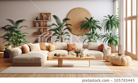 Cozy elegant boho style living room interior in natural colors. Comfortable corner couch with cushions, many houseplants, wooden coffee table, shelving, rug on wooden floor, home decor. 3D rendering. 105783443