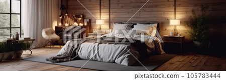 Panoramic image of a country style wooden bedroom in a luxury cottage or hotel. Comfortable large bed, bedside tables, commode, panoramic windows. Home decor, cozy interior. 3D rendering. 105783444