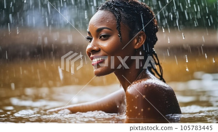 Portrait of beautiful erotic smiling wet black skin woman in the water in the rain. Generative AI 105783445
